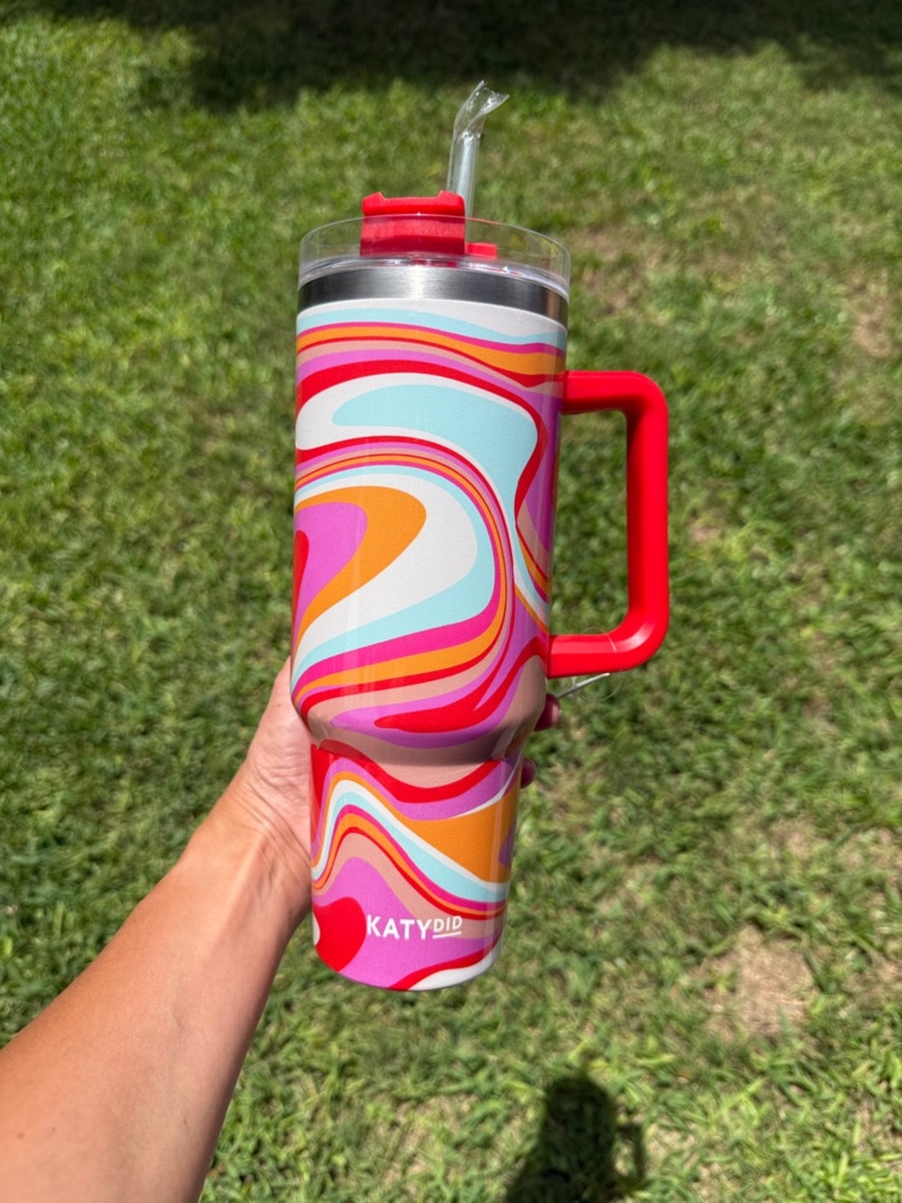 Katydid Stainless Steel Red-Handled Swirl Print Tumbler 40 oz